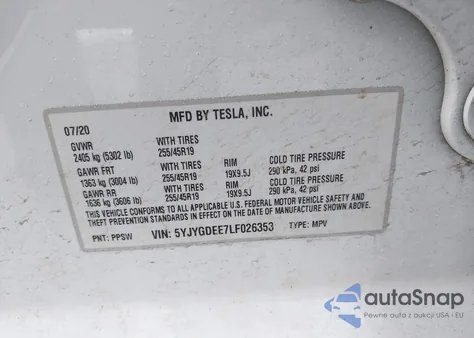 2020 Tesla Model Y Long Range Dual Motor All-Wheel Drive z USA, uszkodzony, nr VIN 5YJYGDEE7LF026353